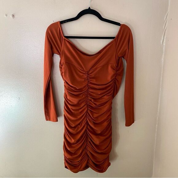 Lovers And Friends Lira Mini Dress Ginger Brown off shoulder stretch Revolve XS - Picture 8 of 9